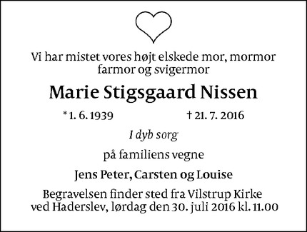 Dødsannoncen for Marie Stigsgaard Nissen - Haderslev