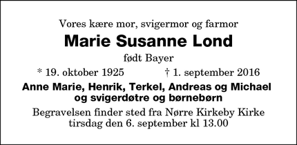 Dødsannoncen for Marie Susanne Lond - København