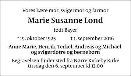 Dødsannoncen for Marie Susanne Lond - København