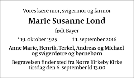 Dødsannoncen for Marie Susanne Lond - København