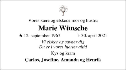 Dødsannoncen for Marie Wünsche - Virum