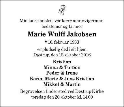 Dødsannoncen for Marie Wulff Jakobsen - Døstrup
