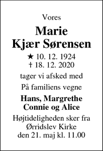 Dødsannoncen for Marie
Kjær Sørensen - Hovedgård