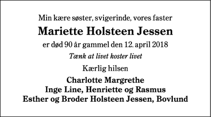 Dødsannoncen for Mariette Holsteen Jessen - Bovlundbygade 8 ,6535 Branderup