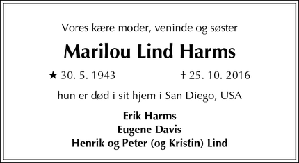 Dødsannoncen for Marilou Lind Harms - San Diego, USA