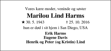 Dødsannoncen for Marilou Lind Harms - San Diego, USA