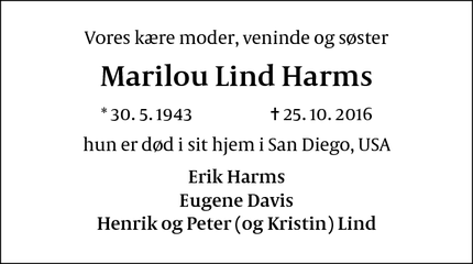 Dødsannoncen for Marilou Lind Harms - San Diego, USA