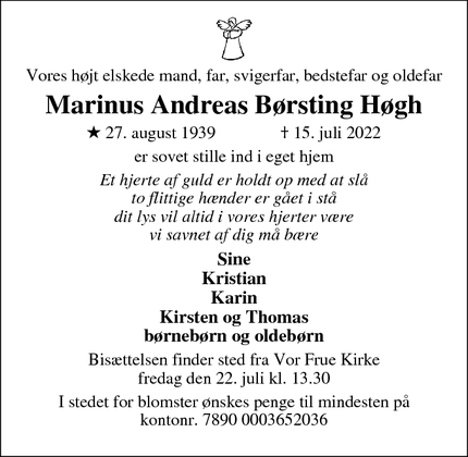 Dødsannoncen for Marinus Andreas Børsting Høgh - Roslev