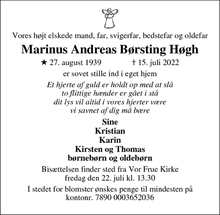 Dødsannoncen for Marinus Andreas Børsting Høgh - Roslev