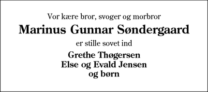 Dødsannoncen for Marinus Gunnar Søndergaard - Årre