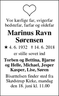 Dødsannoncen for Marinus Ravn Sørensen - Skødstrup