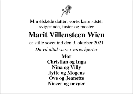 Dødsannoncen for Marit Villensteen Wien - Ringkøbing