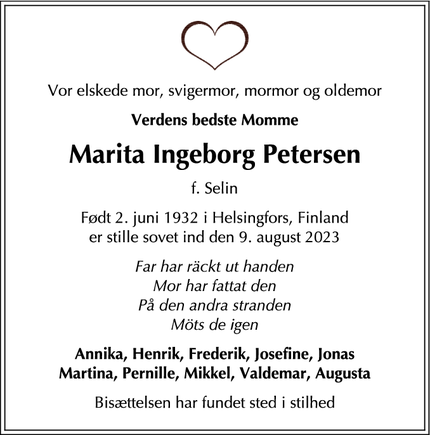 Dødsannoncen for Marita Ingeborg Petersen - Gentofte