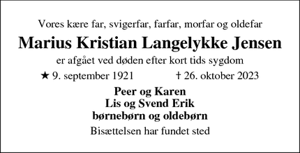 Dødsannoncen for Marius Kristian Langelykke Jensen - odense