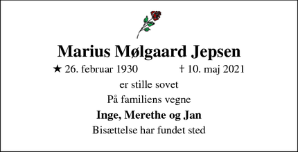 Dødsannoncen for Marius Mølgaard Jepsen - Holbæk