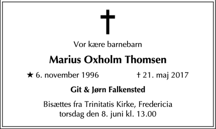 Dødsannoncen for Marius Oxholm Thomsen - Fredericia