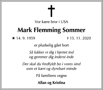Dødsannoncen for Mark Flemming Sommer - Værløse
