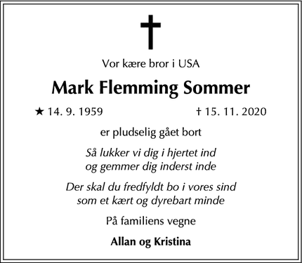 Dødsannoncen for Mark Flemming Sommer - Værløse