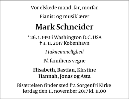 Dødsannoncen for Mark Schneider - Virum