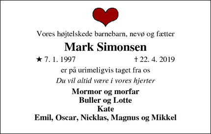 Dødsannoncen for Mark Simonsen - Horsens