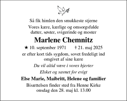 Dødsannoncen for Marlene Chemnitz - Ringkøbing