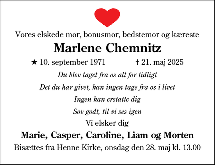 Dødsannoncen for Marlene Chemnitz - Ringkøbing