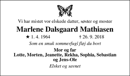 Dødsannoncen for Marlene Dalsgaard Mathiasen - Randers