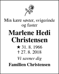 Dødsannoncen for Marlene Hedi Christensen - SORØ