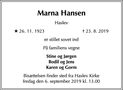 Dødsannoncen for Marna Hansen - Kgs Lyngby