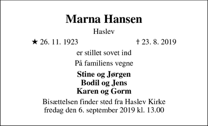 Dødsannoncen for Marna Hansen - Kgs Lyngby