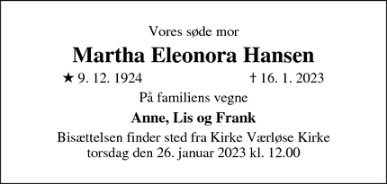 Dødsannoncen for Martha Eleonora Hansen - Værløse