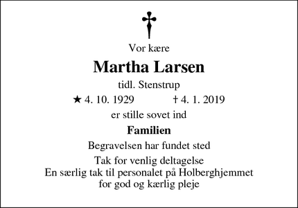 Dødsannoncen for Martha Larsen - Sorø