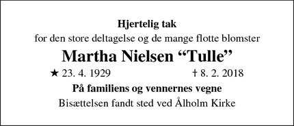 Dødsannoncen for Martha Nielsen  “Tulle” - Valby