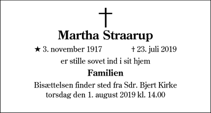 Dødsannoncen for Martha Straarup - Agtrup