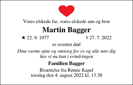 Dødsannoncen for Martin Bagger - 3700 Rønne