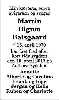 Dødsannoncen for Martin Bigum Baisgaard - Terndrup