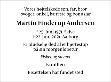 Dødsannoncen for Martin Finderup Andersen - Aalborg