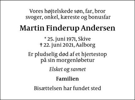 Dødsannoncen for Martin Finderup Andersen - Aalborg