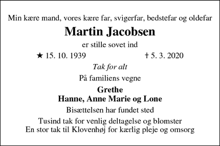 Dødsannoncen for Martin Jacobsen - Lund, 8700 Horsens