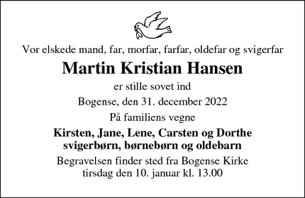 Dødsannoncen for Martin Kristian Hansen - Bogense