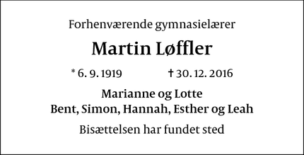 Dødsannoncen for Martin Løffler - København