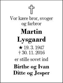 Dødsannoncen for Martin Lysgaard - Hammerum