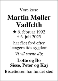 Dødsannoncen for Martin Møller
Vadfelth - Århus