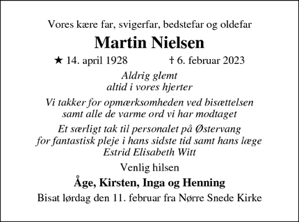 Dødsannoncen for Martin Nielsen - Nørre Snede