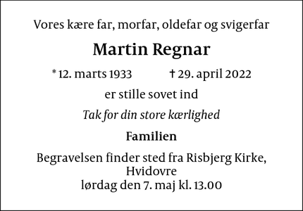 Dødsannoncen for Martin Regnar - Hvidovre