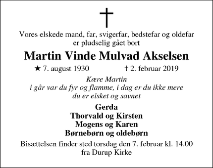 Dødsannoncen for Martin Vinde Mulvad Akselsen - Durup