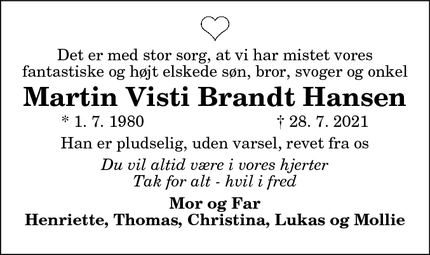 Dødsannoncen for Martin Visti Brandt Hansen - Hjørring