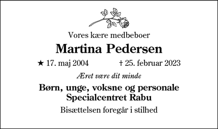 Dødsannoncen for Martina Pedersen - Esbjerg