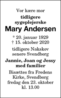 Dødsannoncen for Mary Andersen - MARIBO