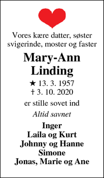 Dødsannoncen for Mary-Ann Linding - ingen